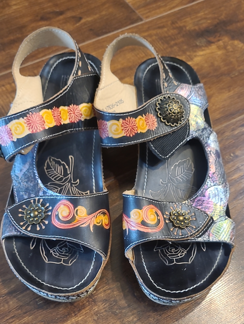 Sprin Step L'artiste Colorful Floral Leather Women's Sandals - Black Sz 40